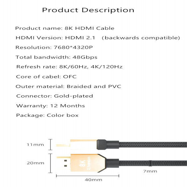 Veggieg 2.1 HDMI 8K High Speed Cable 1.5m Ultra HD 48Gbps 60hz 120hz Playstation Xbox PS3 PS4 PS5 Tv Fire Tv