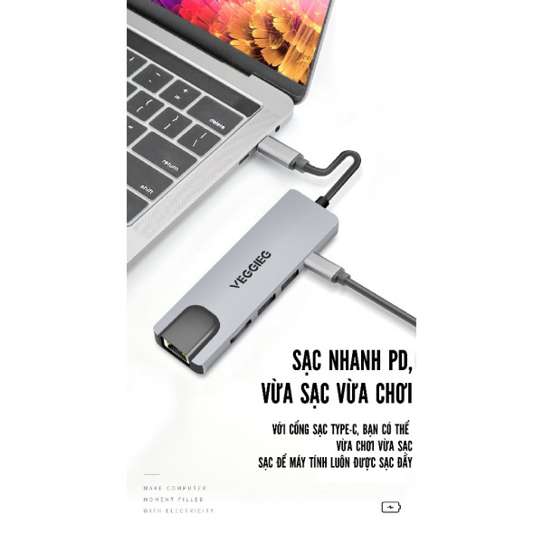 Bộ chuyển đổi Type C sang cổng J45, HDMI, USB Veggieg