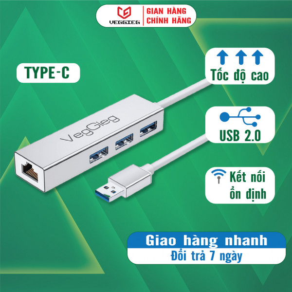 Cáp chuyển đổi USB, Type-C sang cổng Lan VegGieg tích hợp cổng USB