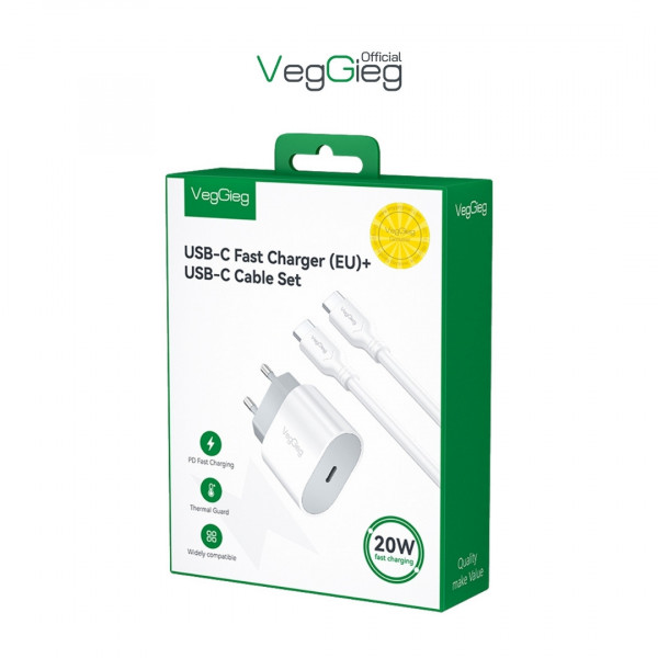 Bộ Sạc Nhanh veggieg PD20W + Cáp Type-C 1.2M (Chuẩn EU) - V-M101