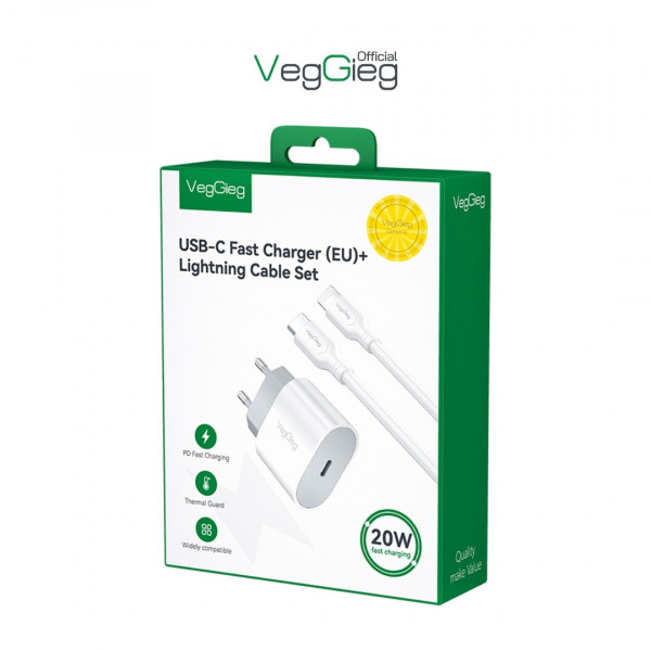 Bộ Sạc Nhanh veggieg PD20W + Cáp USB-C sang Lightning cho iPhone 1.2M (Chuẩn EU) - V-M102