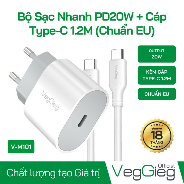 Bộ Sạc Nhanh veggieg PD20W + Cáp Type-C 1.2M (Chuẩn EU) - V-M101